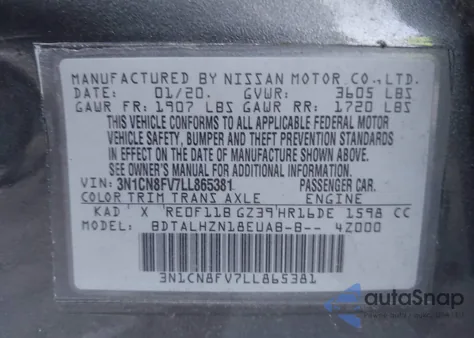 2020 Nissan Versa Sr Xtronic Cvt z USA, uszkodzony, nr VIN 3N1CN8FV7LL865381